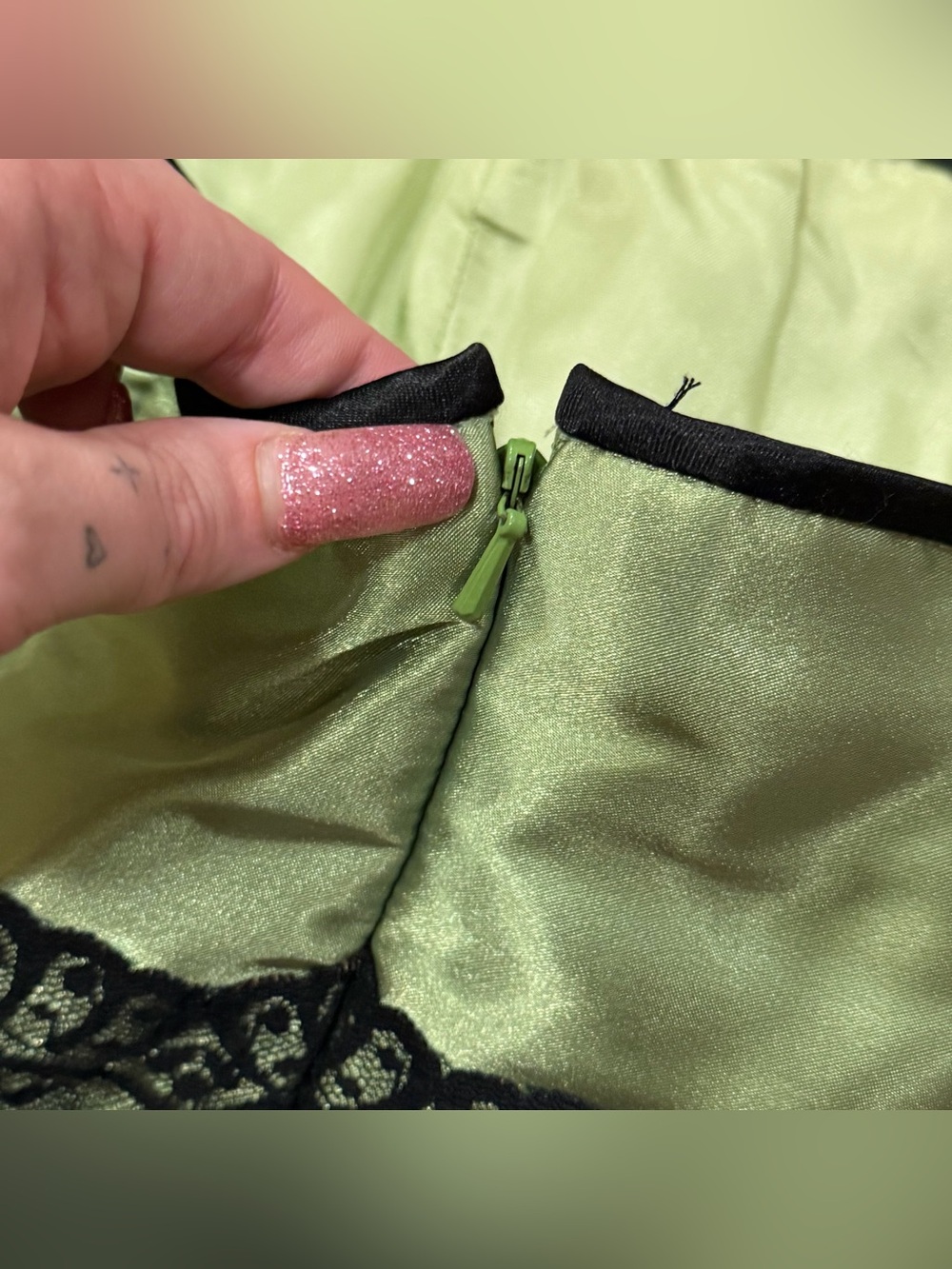 Vintage Jessica McClintock for Gunne Sax green strapless satin black lace dress - Picture 6 of 11
